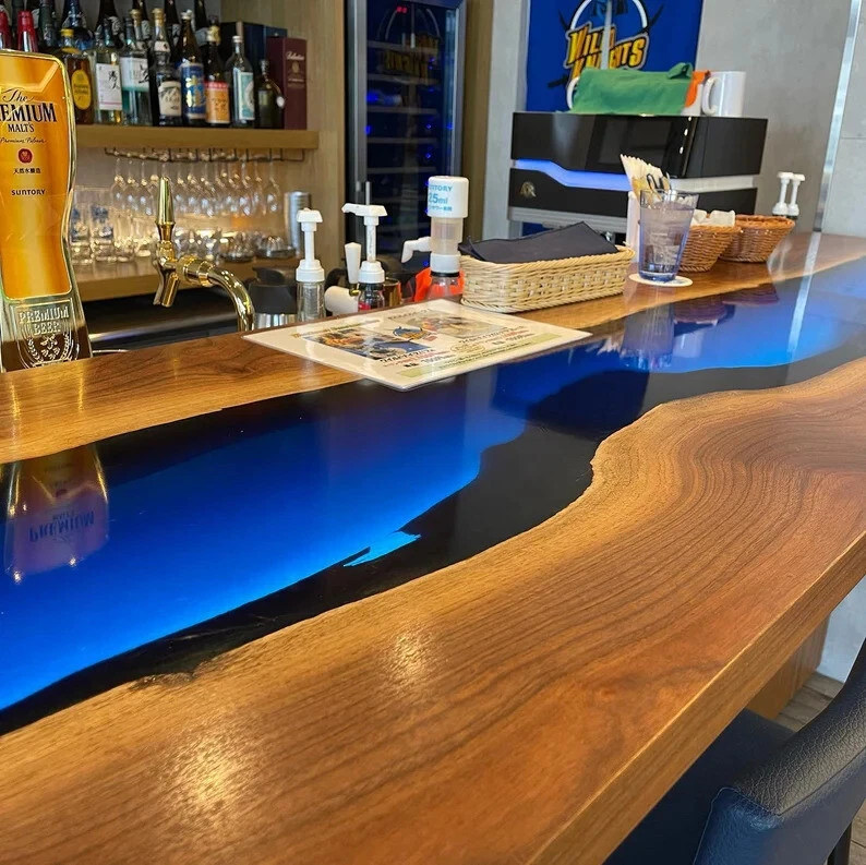 Blue Clear Epoxy Resin Bar Counter Slab Top, Luxury Wooden Kitchen