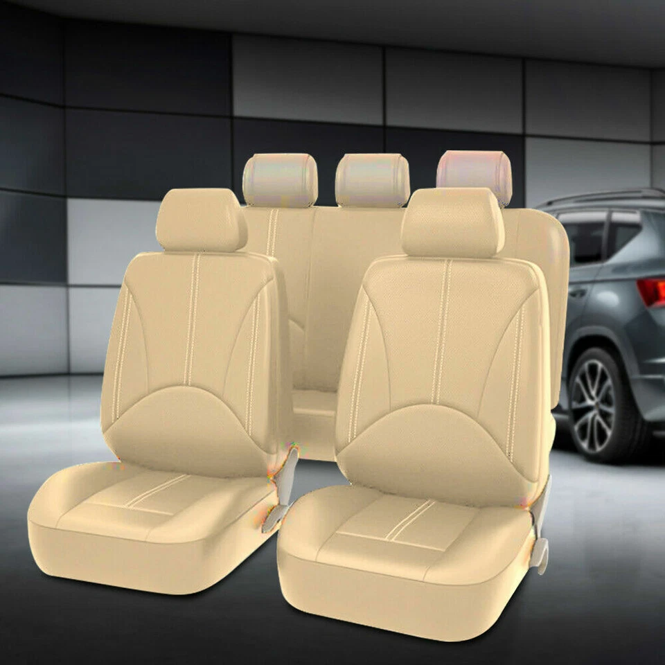 PU Leather Car Seat Cover Full Set Front Rear Seat Cushion Mat Protector Beige - Изображение 3 из 4