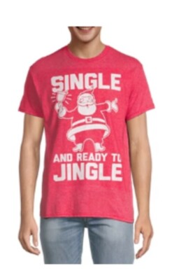 Men's''Single And Ready To Jingle'' T-Shirt Crew Neck Short Sleeve Graphic Tee, XL