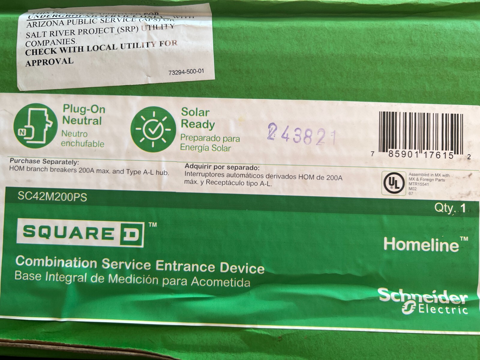 Square D Homeline SC42M200PS 200 A 42-Space 42-Circuit Ring Surface Solar CSED