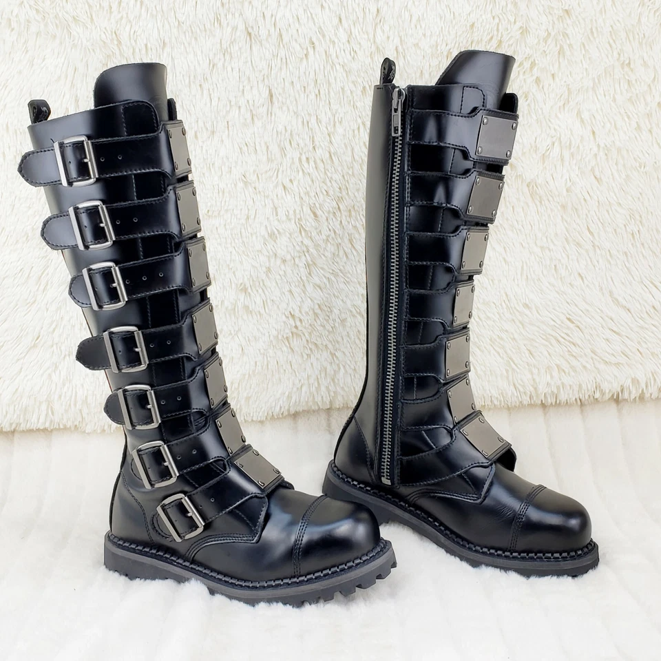 Botas Riot 21 Goth Combat Biker Puntera de Acero Cuero Negro Hombres DEMONIA NY IN HOUSE Foto 2 de 4