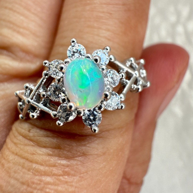 925 Sterling Silver Ring 5x4mm Natural Opal Gemstone Zircon Flower Handmade Gift