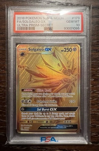 2018 POKEMON SUN & MOON ULTRA PRISM SECRET #173 FULL ART/SOLGALEO GX PSA 10