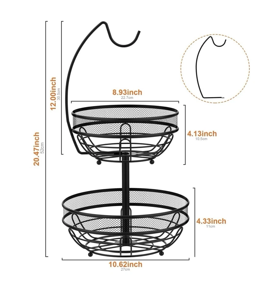 2-Tier Fruit Basket Bowl Stackable Vegetable Storage with Banana Tree Black  - Image 2 of 2
