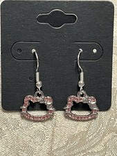 Sanrio Silver Loop Hello Kitty Pink Rhinestone Drop Dangle Adorable Earring Set