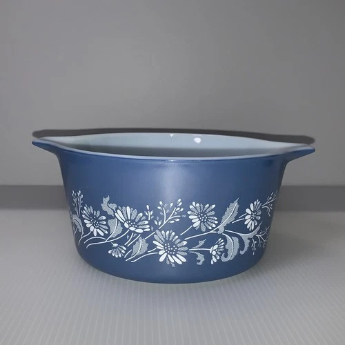 VINTAGE PYREX BLUE FLORAL COLONIAL MIST #473-B Glass CASSEROLE Bowl 1 Liter
