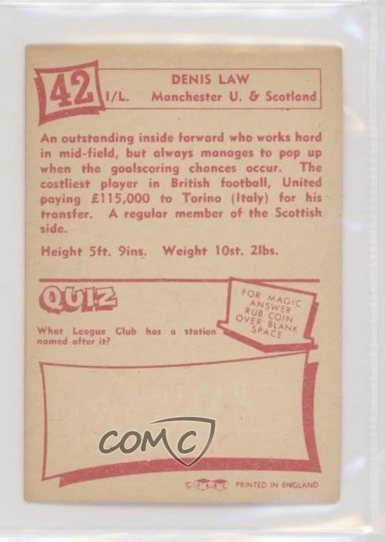 Tarjetas de concurso de fútbol americano 1964-65 A&BC Denis Law Dennis Law #42 Foto 2 de 2