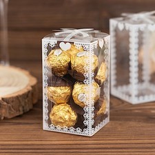 25 CLEAR WHITE Rectangular Plastic Favor BOXES Bowknot Lace Pattern Party Events