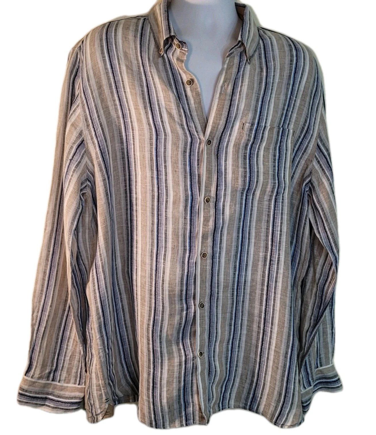 32 Bar Blues Mens Linen Button Down Long Sleeve Shirt Size XL Striped Beach