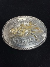 Vintage Western Bull Riding Belt Buckle Gold And Silver-Tone Rodeo Cowboy