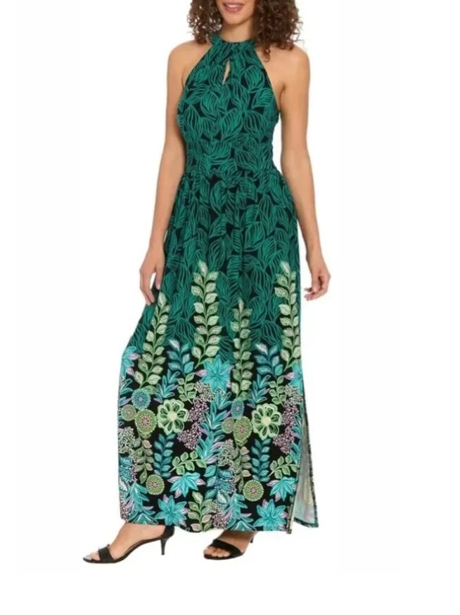 knee length dresses for ladies London Times Floral Ruffled Chiffon Maxi Dress In Black And Blush