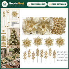 24Pcs Artificial Poinsettia Flowers  Berries - Christmas Holiday Decor
