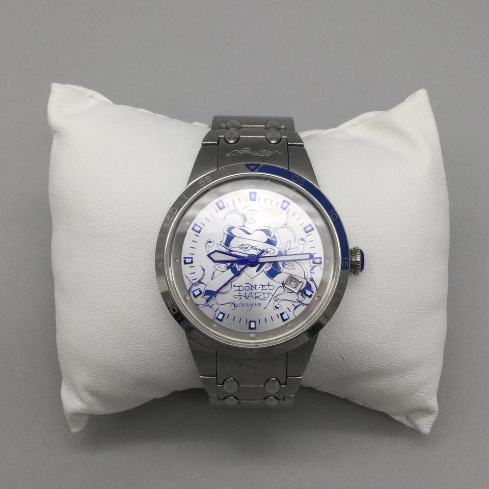 Ed Hardy Watch Mens 38mm Stainless Steel Blue Date CASSF0828 New Battery 7.25" - Image 2 of 4