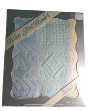 Vintage Babys First Blanket Pastels 37  x 43  Fringe Acrylic Jacquard Weave USA