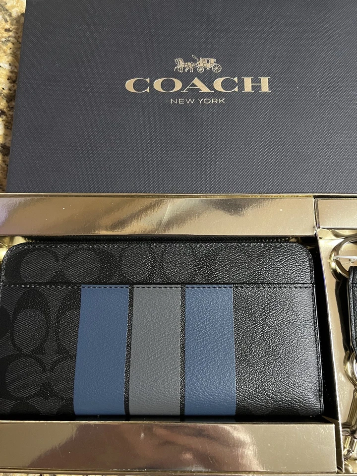 COACH Hombres Acordeón Billetera Llavero con Caja de Regalo Negro Denim Grafito Nuevo con Etiquetas F55484 Foto 3 de 4