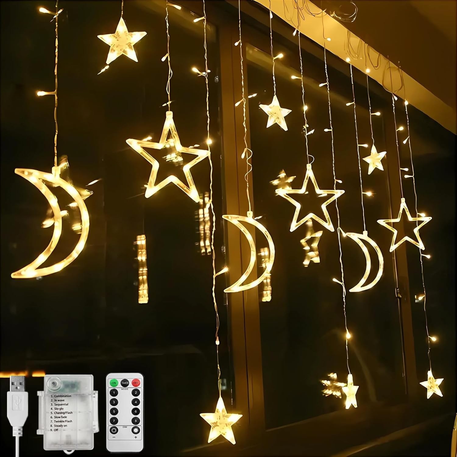 CNMTCCO Ramadan Window Light Decorations 1m x 3m x 0.1m, Warm White Star Moon