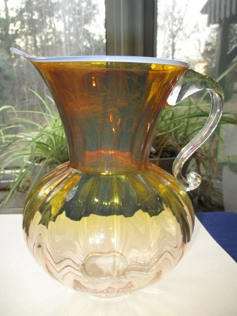 HTF ANDREW KUNTZ STUDIO ART GLASS PITCHER JUG TOPAZ OPALESCENT GOLDEN SUNSET