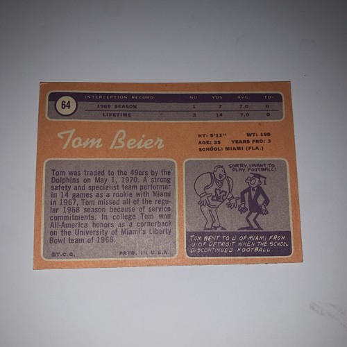 1970 TOPPS TOM BEIER. SAN FRANCISCO 49ERS #64 NM - Picture 2 of 2