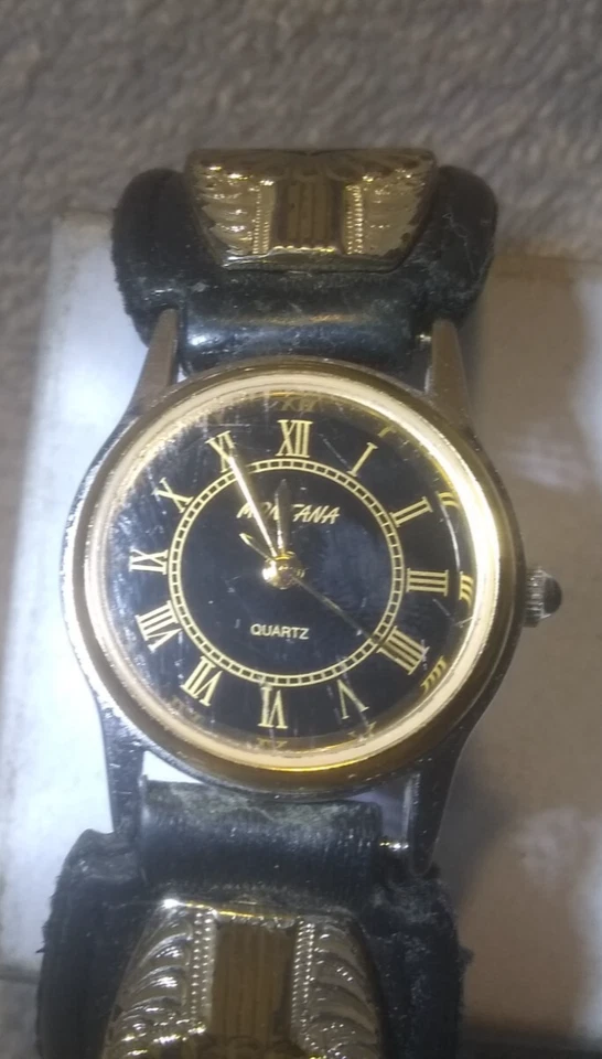 Reloj Montana Plateros Azteca Plata Dorado Cuero Negro Nuevo Murciélago Gran Forma 2 Foto 2 de 4