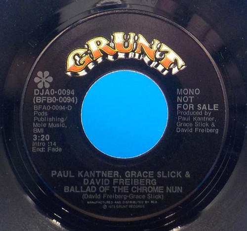 Paul Kantner, Grace Slick 45 The Chrome Nun / Sketches Of China - Promo NM EX H8 - Picture 2 of 2