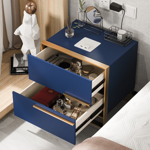 Blue double drawer smart bedside table with wireless charging + USB + speaker - Picture 3 of 13