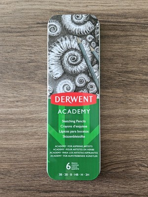 Derwent Academy 6 Sketching Pencils with Degrees of Hardness (3B-2H) + Metal Tin
