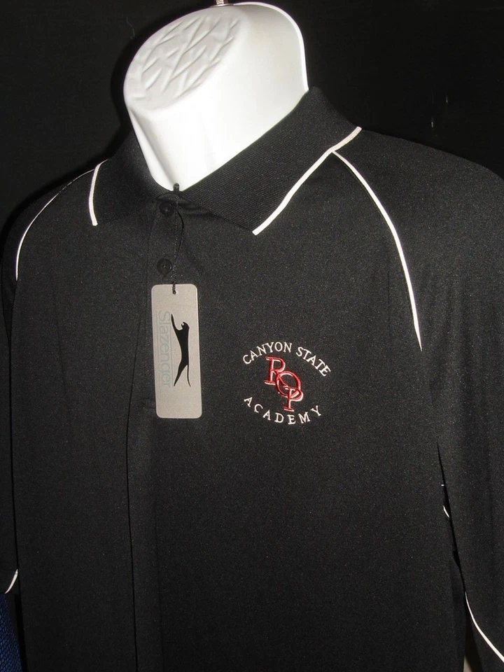 NUEVO CON ETIQUETAS POLO SLAZENGER NEGRO CON RIBETE BLANCO 100% POLI S/S TALLA XL LOGOTIPO CANYON STATE Foto 3 de 4