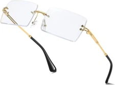 Men's Rimless Vintage Retro Rectangle Gold CLEAR Lens Fashion Hip Hop Glasses