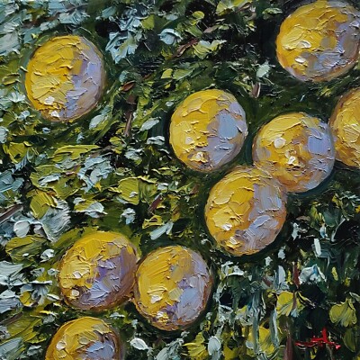 ZITRONENBAUM ÖLGEMÄLDE VIVEK MANDALIA IMPRESSIONISMUS 14X14 ORIGINAL SAMMLERSTÜCK 