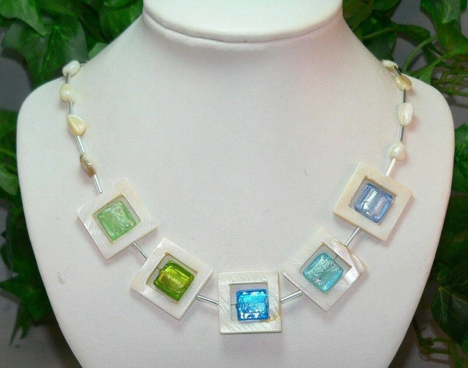 Halskette Kette Muschel natur weiß Lampwork Murano Art pastell hellblau grü 278a - Bild 3 von 4