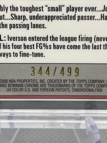 2008-09 Bowman Chrome #33 Allen Iverson Refractor NBA HOF /499 NM+ - Picture 3 of 3