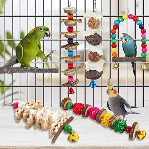 Bird Perch Bird Toys Parakeet Toys,6 Pack Bird Cage Accessories Wooden Chew - Foto 3 di 6
