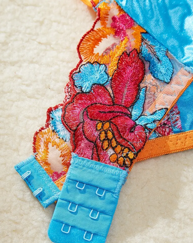 Silk Blue Lingerie Set Floral Garter - 第 3/5 張圖片