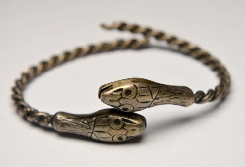 ANTIQUE 925 STERLING SILVER DOUBLE SNAKE HEAD BRACELET BANGLE 20,2g