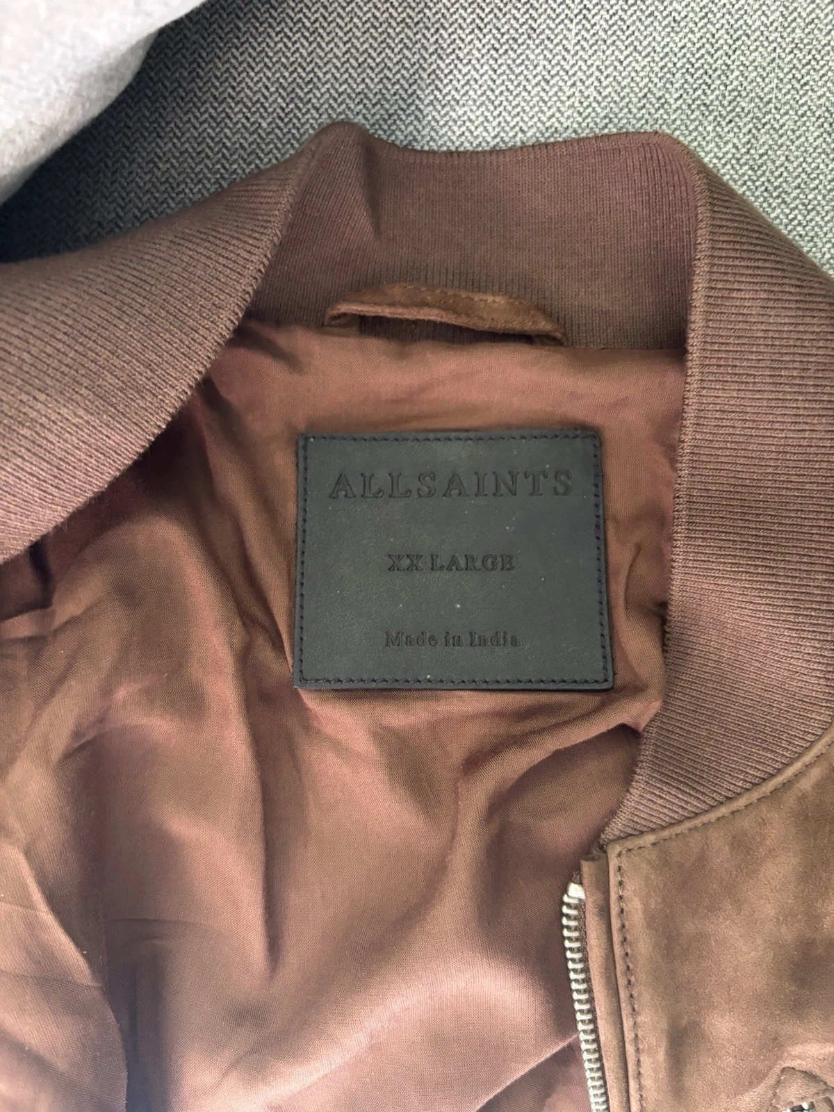 ALLSAINTS Kemble 2XL Suede Bomber Jacket Brown Full Zip Band Collar Solid image 8