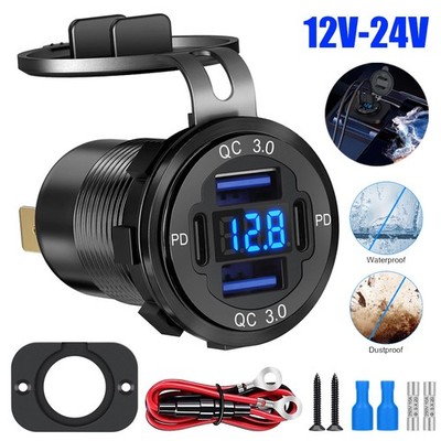 12-24V 4 Port Fast Car Charger QC3.0 & PD USB C Outlet Socket for Boat RV Marine