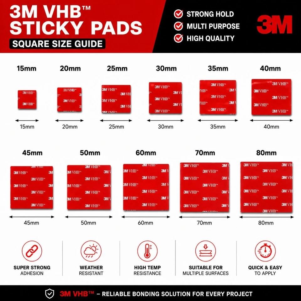3M DOUBLE SIDED STICKY PADS Strong Heavy VHB Adhesive Mounting Tape Square Round - Image 2 of 3