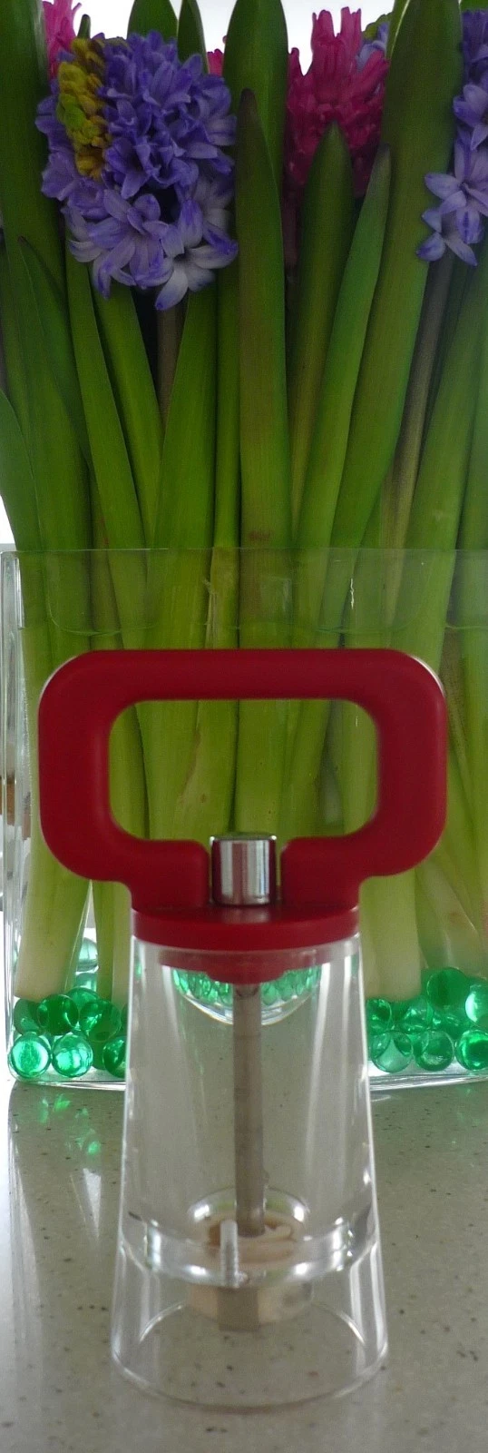 PEUGEOT FRANCE GRINDER PEPPER SALT MILL CLEAR PLEXI GLASS W/RED TOP