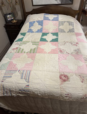 Antique Patchwork Touching Stars Multi color Handmade Farmhouse Quilt 76 x 68