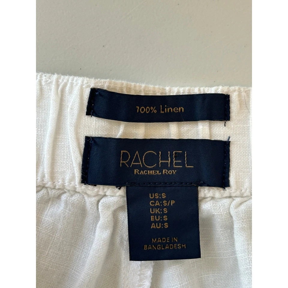 Pantalones cargo Rachel Roy blancos 100 % lino tiro alto cintura elástica viaje playa S Foto 3 de 4