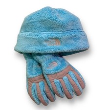 The North Face Youth Girls Winter Gloves and Hat Set, Blue Faux Fur Fleece