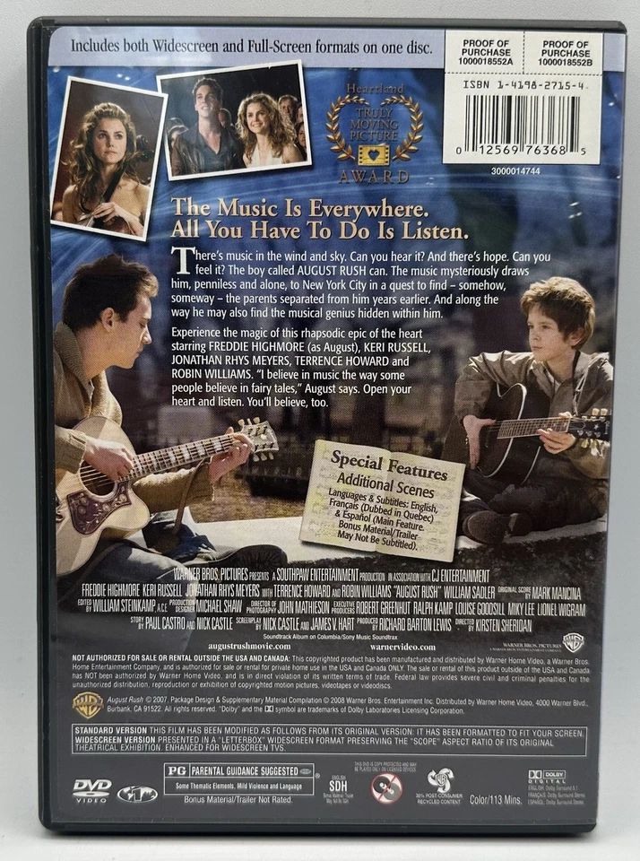 August Rush DVD Widescreen Freddie Highmore Keri Russell Free Shipping 2008 - Image 2 of 3