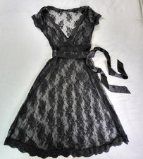 Black Floral Lace Sheer Overlay Dress w/Satin Tie S/M Retro Whimsigoth Coquette
