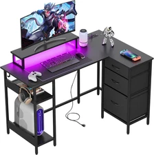 47 Inch L Shaped Gaming Desk with Drawers and Storage, L Shaped Desk with LED Li