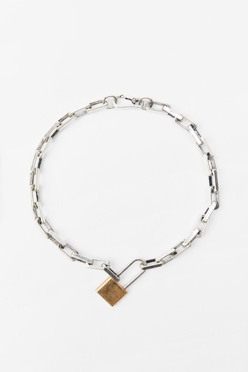 NWT ZARA Padlock Link Pendant Statement Necklace Gold/Silver