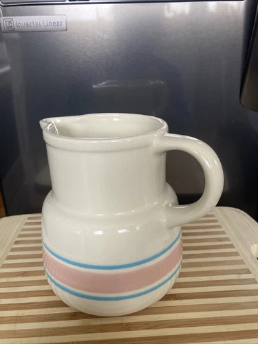 Vintage McCoy Pottery #132 Milk Pitcher Cream with Blue & Pink Stripes