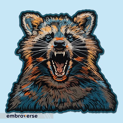 Fierce Raccoon Large Embroidered Patch - Realistic Angry Wild Animal, Iron on