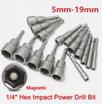 5mm-19mm Magnetic Nut Driver 1/4'' Hex Impact Power Drill Bit Socket Adaptors