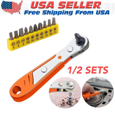 Ratcheting Right Angle Screwdriver Hex Drive 90 Degree Offset + 10PCS Bits Set
