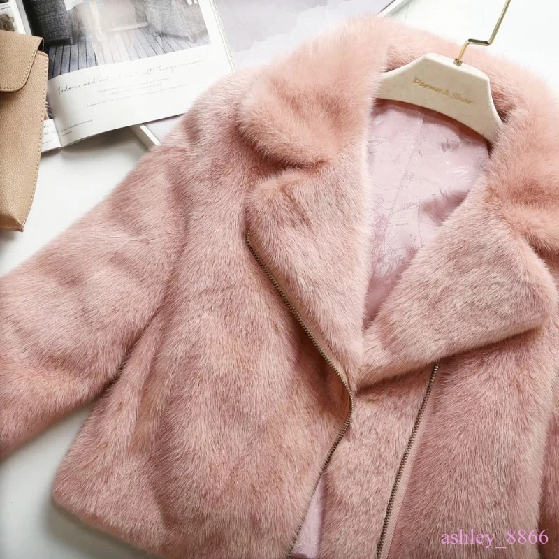 Chaqueta corta con solapa de piel de visón sintético para mujer Abrigo cálido de invierno Parkas peludas gruesas Foto 4 de 4